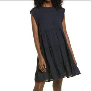 Aware navy Cap Sleeve Tunic Dress Tiered Ruffle Bottom Cap Sleeve Seersucker